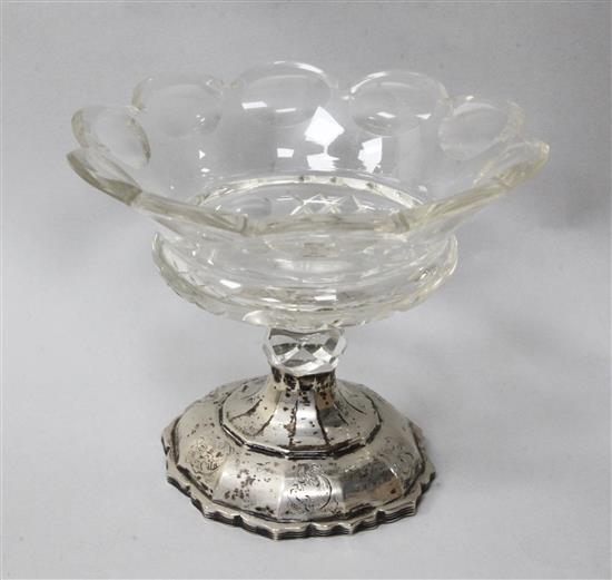 A Dutch cut glass pedestal bon bon dish with silver foot, height 11.7cm.